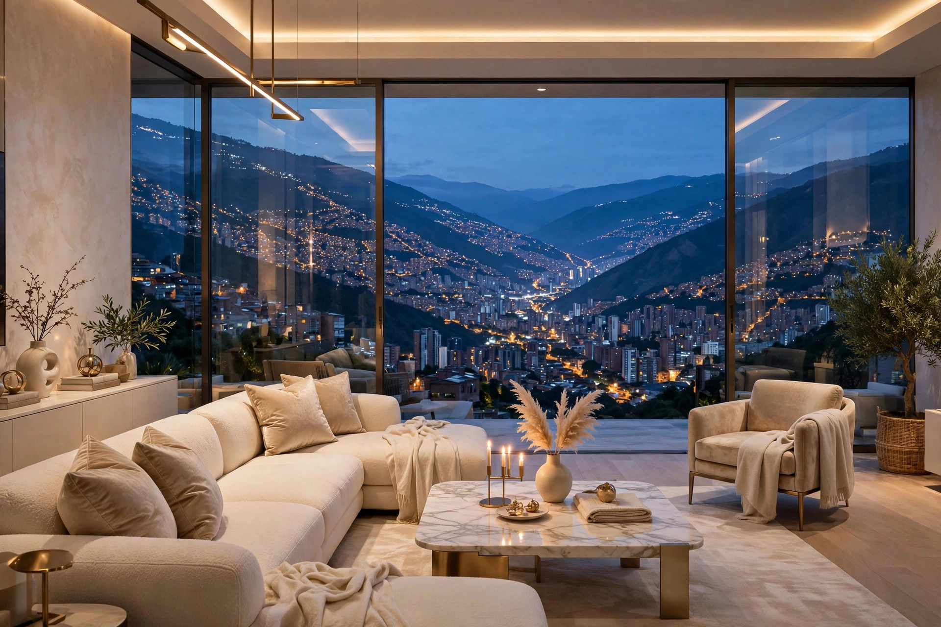 Penthouse de lujo con vista al valle de Medellín al atardecer