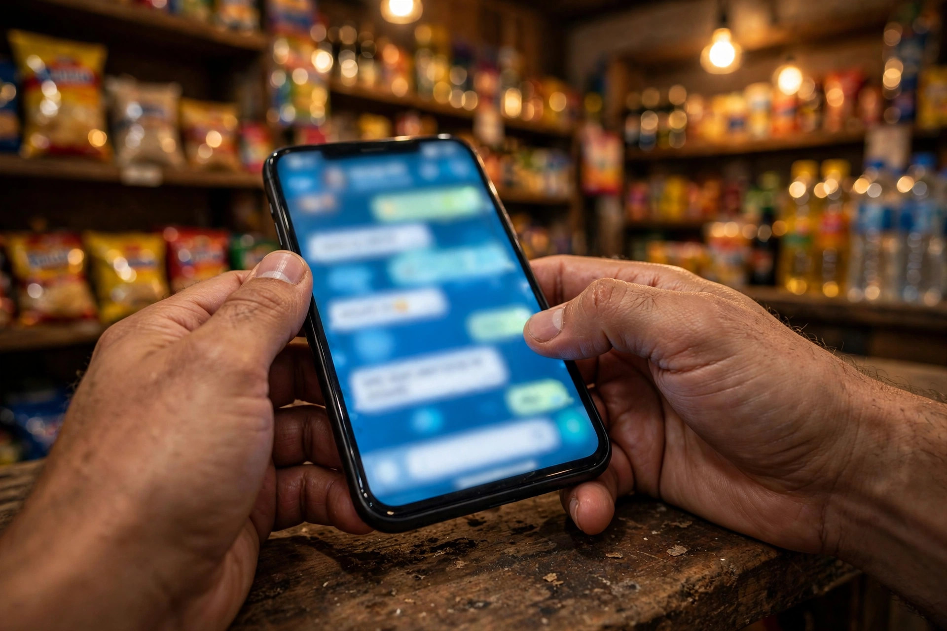 Manos sosteniendo un celular con una conversación de WhatsApp