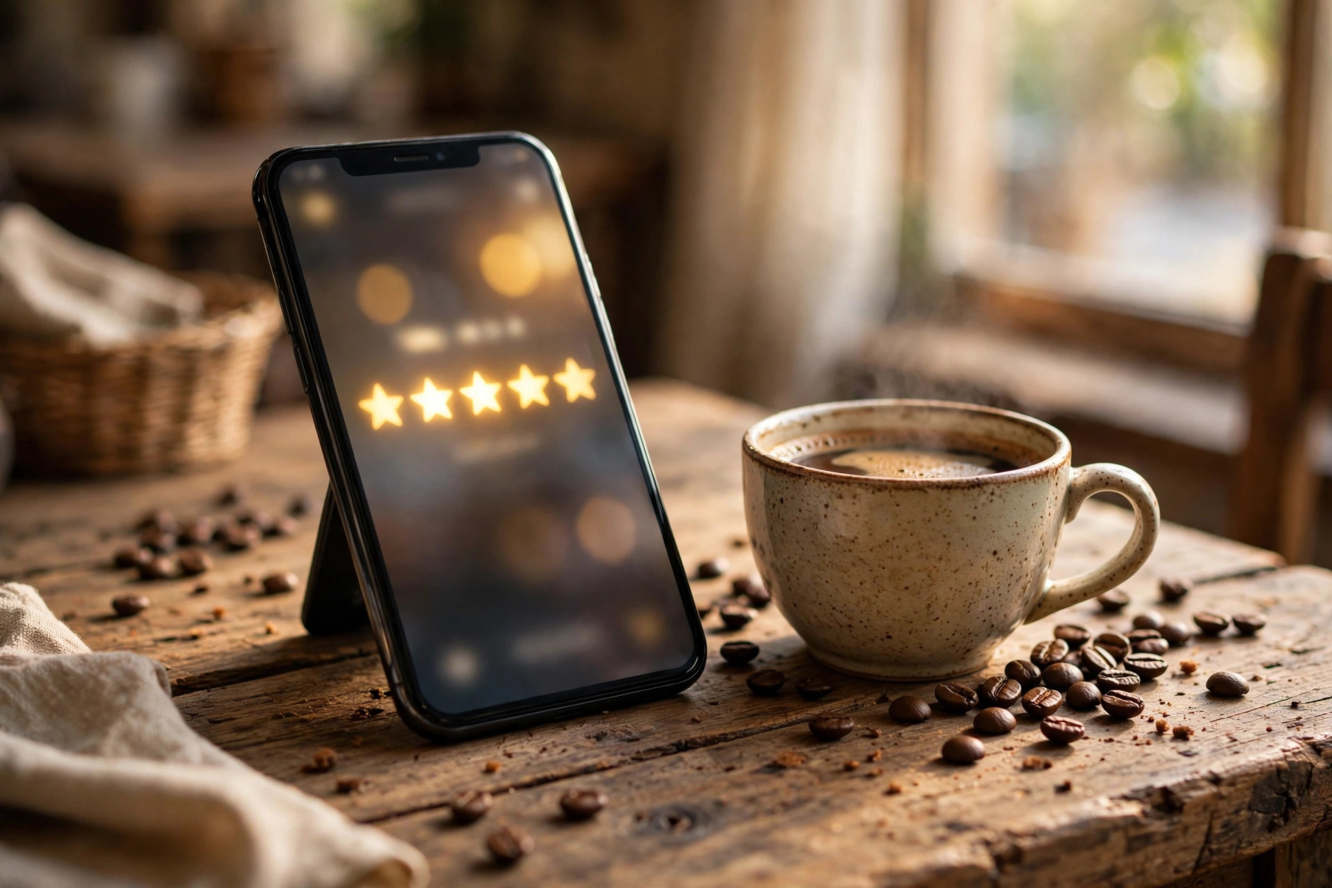 Celular mostrando reseñas de cinco estrellas de un negocio colombiano