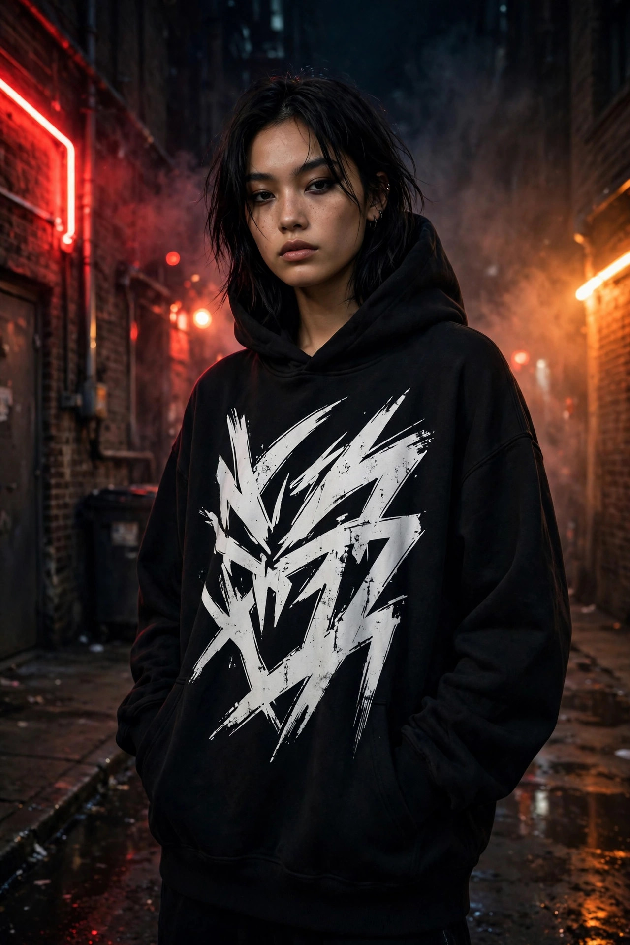 Modelo con buzo oversize BARRIO en la ciudad de noche